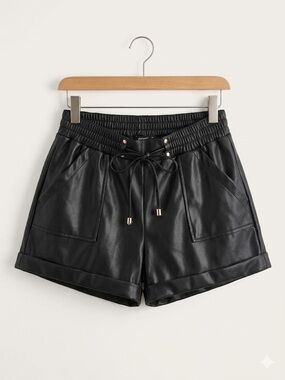 High-Rise Faux Leather Black Drawstring Shorts